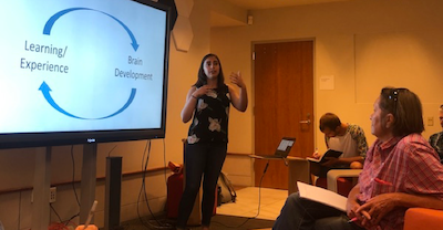 Elena Leib presenting at 'Popping the Science Bubble' at Berkeley's Public Library